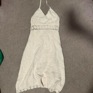 American Eagle Outfitters Cream Crochet Backless Halter Dress